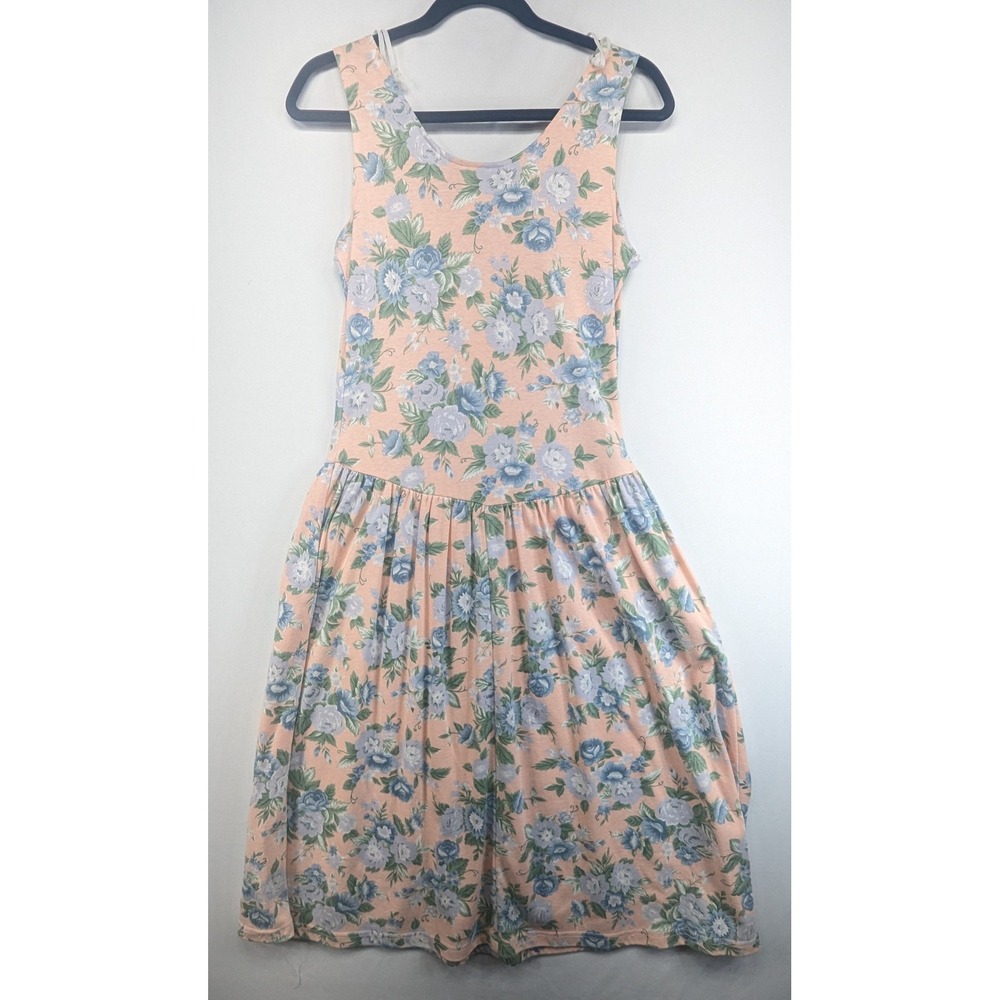 Champagne West Vintage 90s Floral Rose Dress Peach Blue Sleeveless L